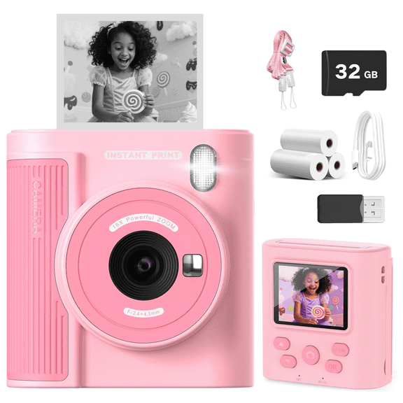 INOCTI Dual-Lens Instant Print Camera for Kids, 12MP, 3 Rolls of Paper, 1080P Digital Camera with 1000mAh Battery, Creative Birthday Gifts for Year Age 3-12(Pink)