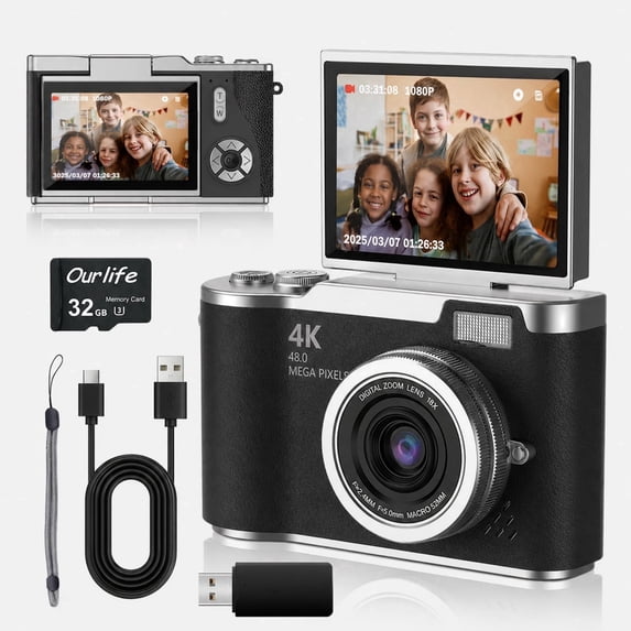 4K Kids Camera, 2.4" Flip Screen, 32GB SD Card, Compact Digital Camera for Teens & Beginners, Black