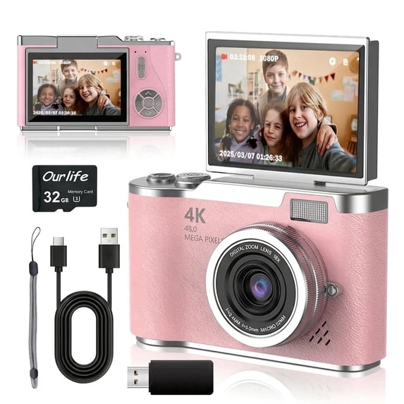 4K Kids Camera, 2.4" Flip Screen, 32GB SD Card, Compact Digital Camera for Teens & Beginners, Pink