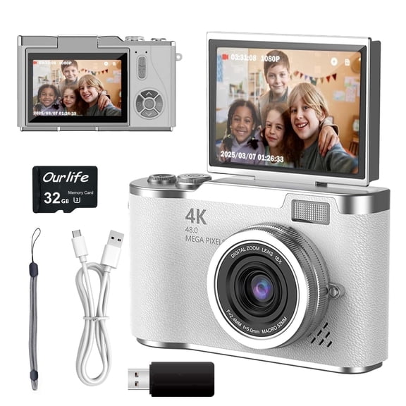 4K Kids Camera, 2.4" Flip Screen, 32GB SD Card, Compact Digital Camera for Teens & Beginners, White