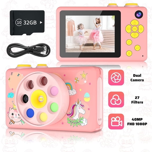 OEKE Kids Camera for Girls, 48MP Digital Selfie Camera with 180° Rotatable Lens, 1080P HD Video, 32GB SD Card Included, Pink Unicorn Birthday Gift for Ages 3-9