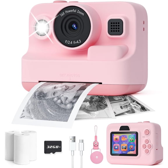 Kids Camera Instant Print,1080P Kids Instant Cameras That Print Photos,Christmas Birthday Gifts for Girls Age 3-12,Portable Toy for 3 4 5 6 7 8 9 10 Year Old Girls Boys Pink