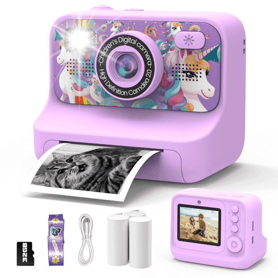 Kids Camera Instant Print for Girls, Dual Camera with Print Paper 32G Card, Christmas Birthday Gifts Toys for Toddler and Teenagers Age 3-16 Years Old Halloween Gift for Christmas