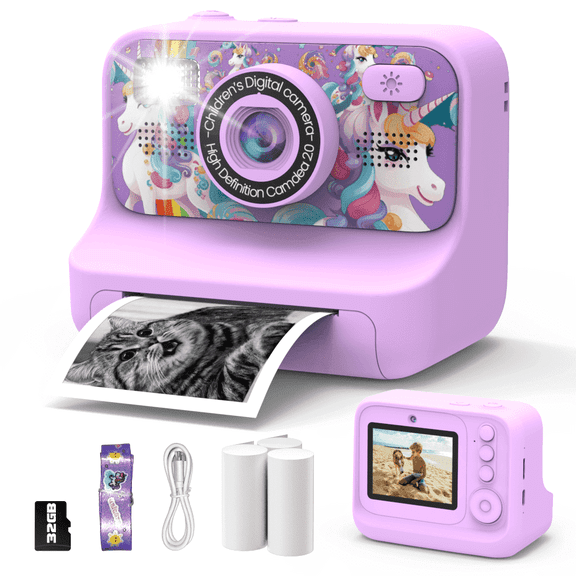 Kids Camera Instant Print for Girls, Dual Camera with Print Paper 32G Card, Christmas Birthday Gifts Toys for Toddler and Teenagers Age 3-16 Years Old Halloween Gift for Christmas
