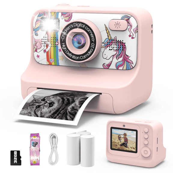 Kids Camera Instant Print for Girls, Dual Camera with Print Paper & 32G Card, Christmas Birthday Gifts Toys for Toddler and Teenagers Age 3-16 Years Old Halloween Gift for Christmas