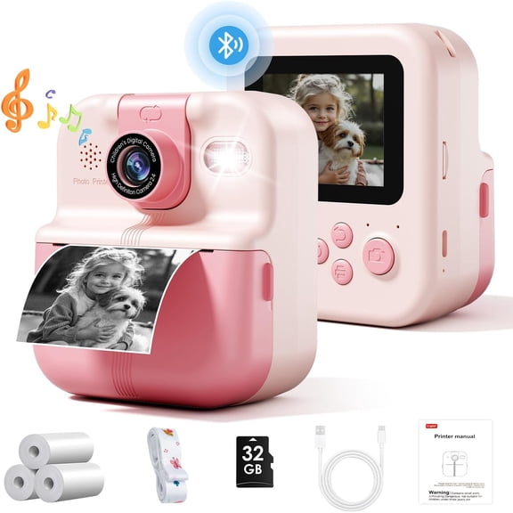 Kids Camera Instant Print Camera,1080P Mini Toddler Camera with Print Paper & 64G TF Card, Portable DIY Instant Digital Camera for Kids,Printable Camera for Phone & Tablet for Boys & Girls 3-12