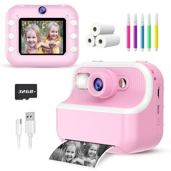 Kids Camera Instant Print Toys for Girls Age 5-12, 1080P Instant Camera for Kids with Dual Camera Print Selfie Photos, Christmas Birthday Gifts for Girls -32GB Pink