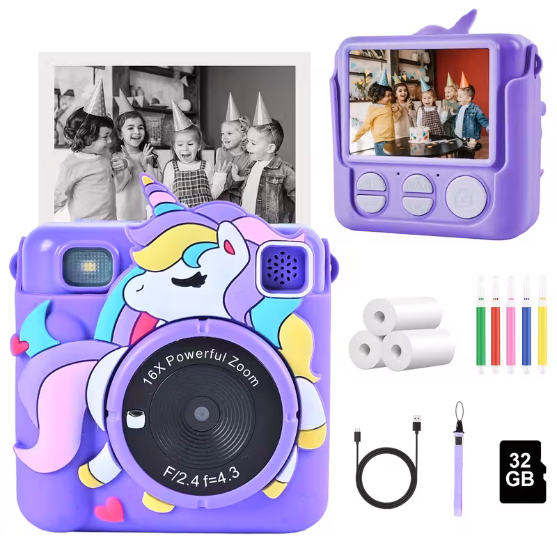 TEAMD Kids Camera Instant Print with Silicone Cover ,Toddler Digital Camera with 32GB SD Card ,Christmas Birthday Gifts for Kids Age 3-9-Purple