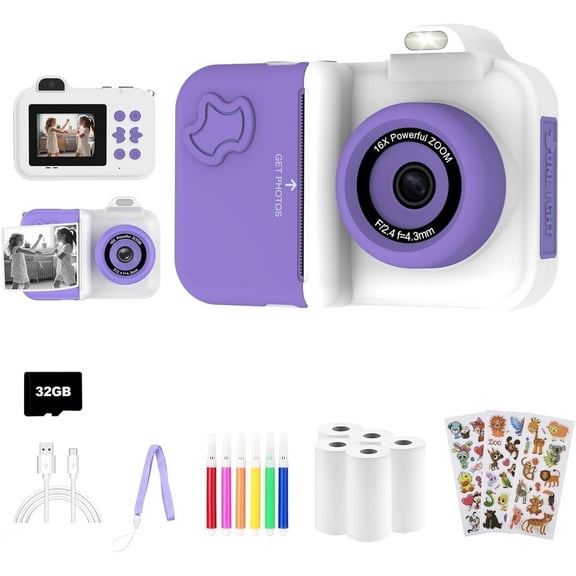 Hnjugfe Kids Camera Instant Print, Christmas Birthday Gifts Toys for Girls Boys Age 4 5 6 7 8 9 10 11 12 Years Old,1080P HD Dual-Lens Selfie Digital Camera with 5 Rolls Print Paper Stickers Pens & 32