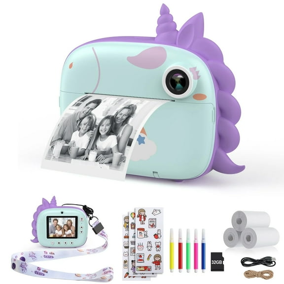 Instant Print Camera Portable Digital Camera,Photo/Video/Printing Selfie Travel Camera with Print Paper & 32GB Card & Color Pens（Blue）