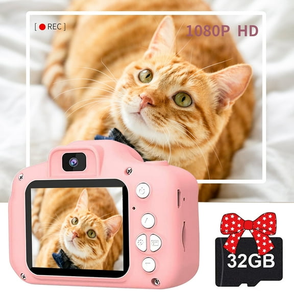 QiShi Kids Digital Camera – HD Selfie Camera for Girls Ages 3-12, Toddler Camera Toy with 32GB SD Card (Pink)