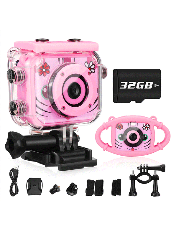 Kids Camera Waterproof with 32GB Memory Card Kids Digital Camera DV Kids Camcorder for Girl and Boys, High Resolution Kids Video Sports Mini Camera, 1080P HD Camera for Kids Birthday Gift-Pink