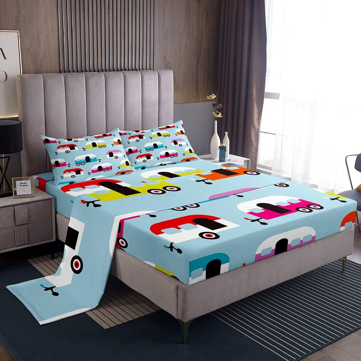 Kids Camper Bed Sheets Set Twin Size, Happy Camping Sheet Set Bedroom Decor, Cartoon Travelling