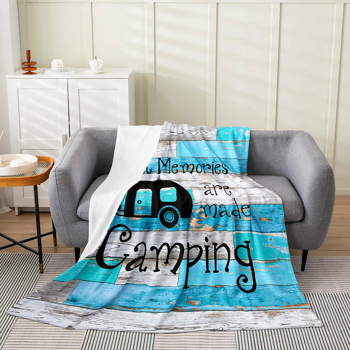 Kids Camper Throw Blanket Twin Size, Happy Camping Rv Flannel Fleece