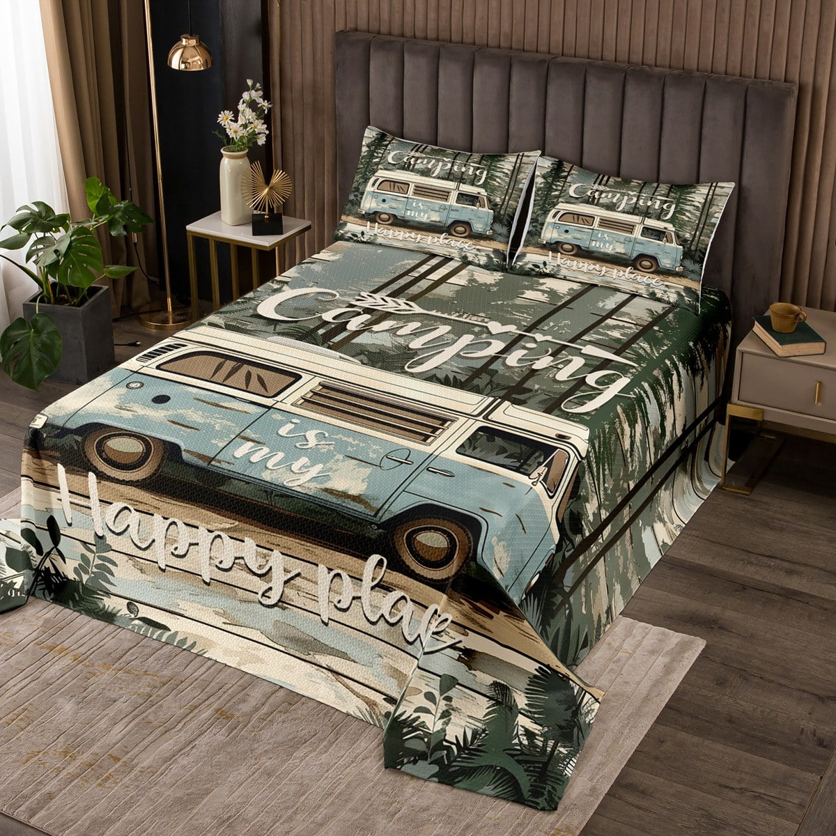 Kids Camping Coverlet Set King, Rv Camper Decor Bedspread Set for