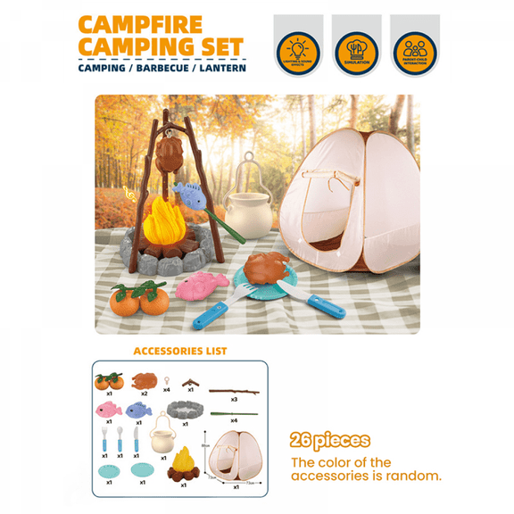 Kids Camping Play Set with BBQ Grill, Campfire & Food, Pretend Play for Kids Outdoor Game(26Pieces)