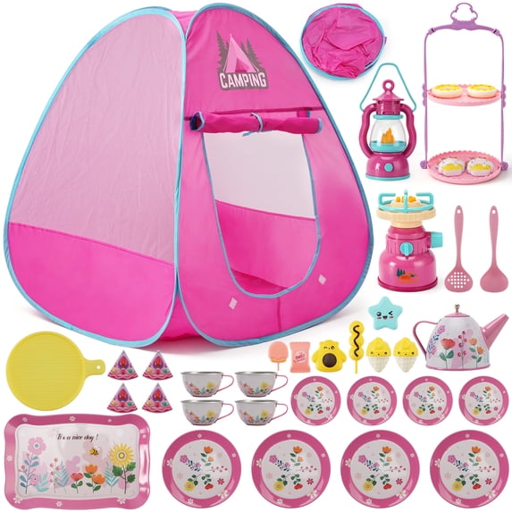 Kids Camping Set with Tent, 42PCS Pop Up Tent, Indoor Outdoor Pretend Play with Tea Party Set for Little Girls, Princess Toys for Toddler Girls, Gift Idea for Girls Age 3 4 5 6 Year Old