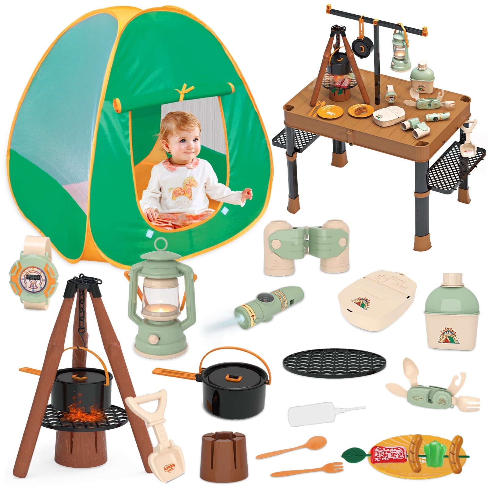 Kids Camping Set with Tent, Kids Camping Game Play House Set with Telescope, Electronic Watch, Camping Grill Rack, Indoor Outdoor Pretend Play Toys for 3-8 Boys & Girls