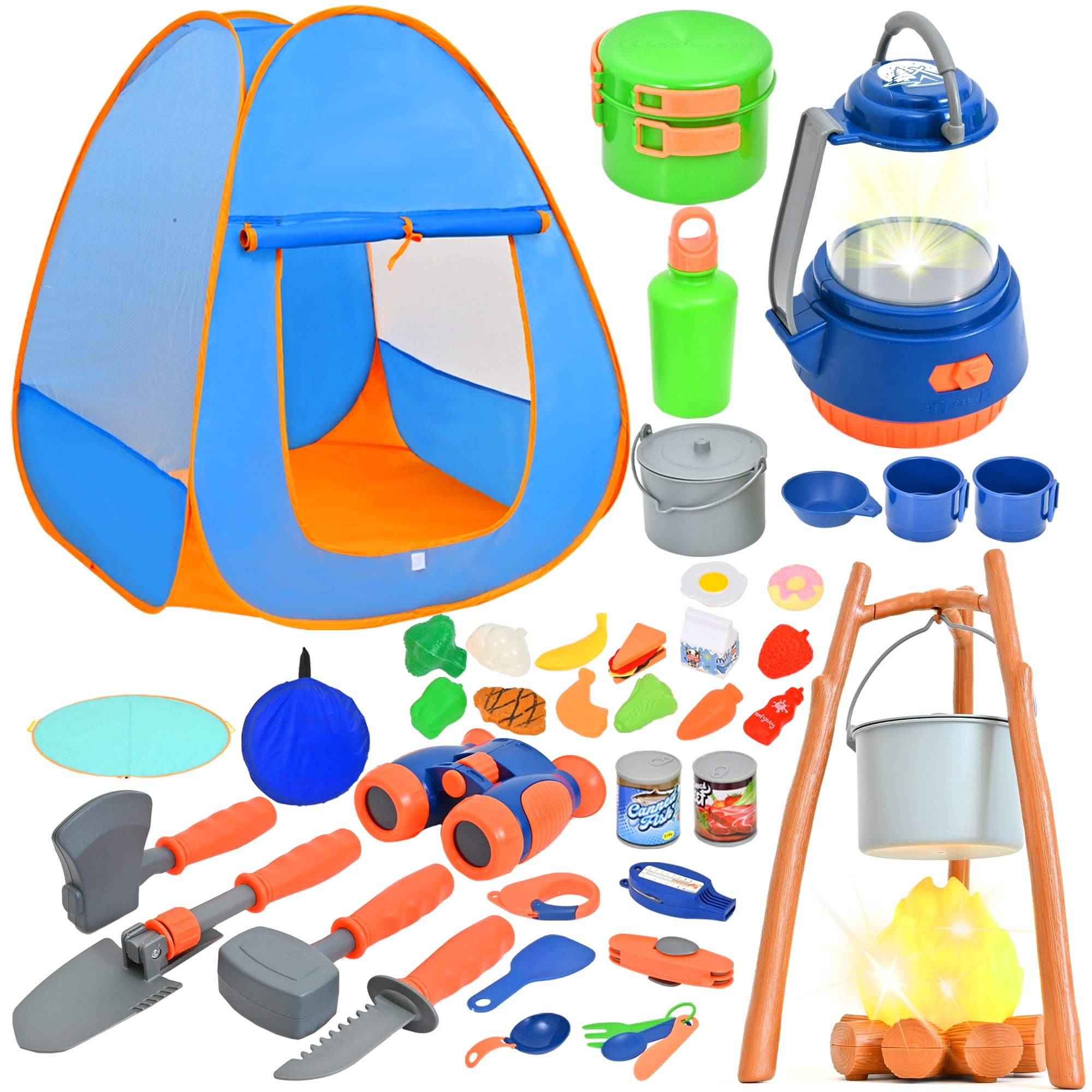 Kids Camping Set with Tent 45PCS - Camping Toy Set for Indoor/Outdoor Kids,  Pretend Play Camp Gear Tools With LED Fire, Flashlight, Compass, Whistle
