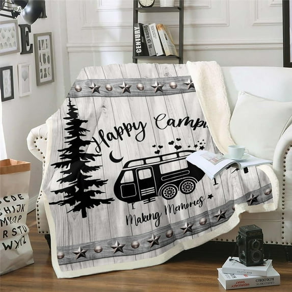 Kids Camping Themed Blanket Farmhouse Style Throw Blanket for Boys Girls Boho Farmhouse Bedroom Fleece Blanket,Happy Camping Fuzzy Blanket Camper Sherpa Blanket for Travel Trailer 50"X60"