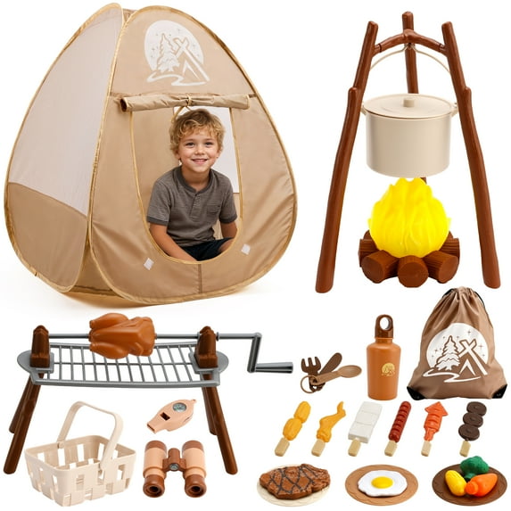 Kids Camping Toys Set with Play Tent Campfire Toys,Toy BBQ Grill Set,Pretend Cutting Play Food Set for Kid Kitchen, Indoor Outdoor Toys Pretend Playset for Toddler, Gifts for Boys Girls