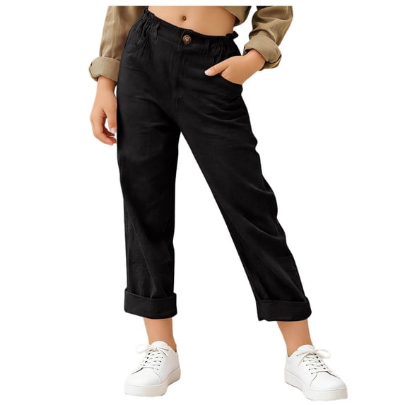 Kids Capri Pants Linen Button Down Elastic Waist Straight Leg Pant Summer Casual Comfy Clothes With Pockets (11-12 Years, Black)