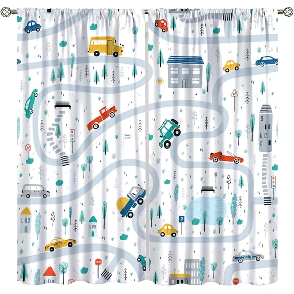 Kids Car Blackout Curtains Boys Girls Bedroom Decor Curtains Cartoon Style Car Woodland Park Printed Playroom Living Room Nursery Blackout Curtains52x84in