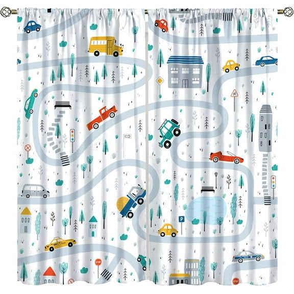 Kids Car Blackout Curtains Boys Girls Bedroom Decor Curtains Cartoon Style Car Woodland Park Printed Playroom Living Room Nursery Blackout Curtains84x84in