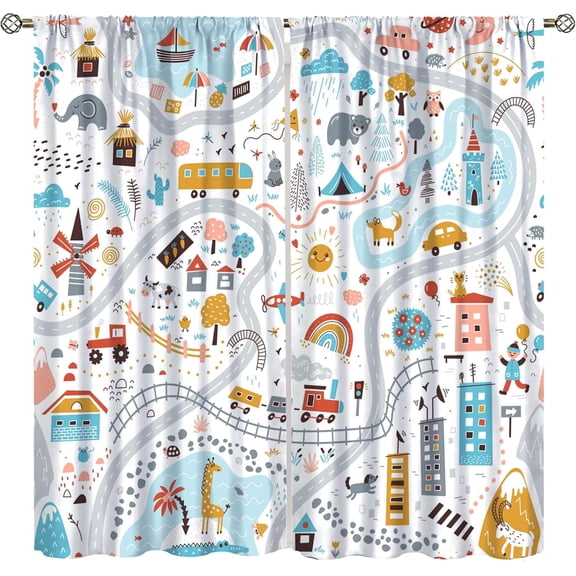 Kids Car Blackout Curtains, Cartoon Bus Car Camp Woodland Pine Tree Print Blackout Rod Pocket Window Treatments Drapes for Bedroom Living Room Nurserw72x63in