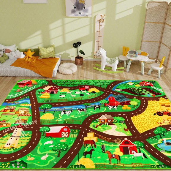 Kids Car Carpet,3.3' x5' Car Rugs for Kids Toy Cars,Non-Slip Farmhouse Road Rug for Kid,Kid Room Race Track Rug,Pasture Track Mat Car Play Rugs for Playroom Bedroom Boys(for Age 2+)