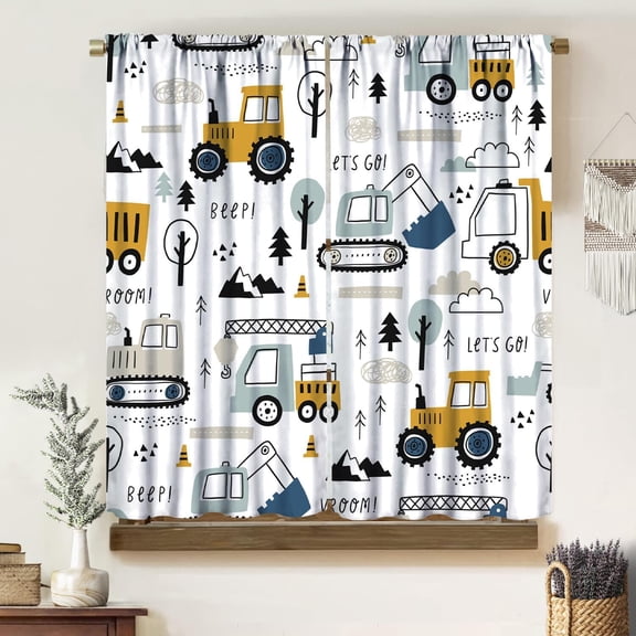 Kids Car Curtains, Colorful Cute Cartoon Excavator Truck Tractor Print Blackout Rod Pocket Window Treatments Drapes for Nursery Bedroom Living Room 42" W X 63" L