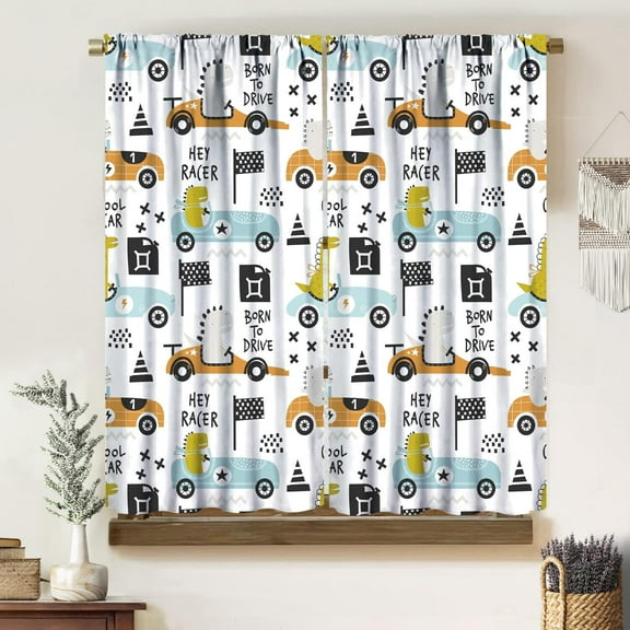 Kids Car Curtains for Nursery, Cute Fun Cartoon Dinosaur Car Theme Print Blackout Rod Pocket Window Treatments Drapes for Bedroom Living Room 52" W X 84" L