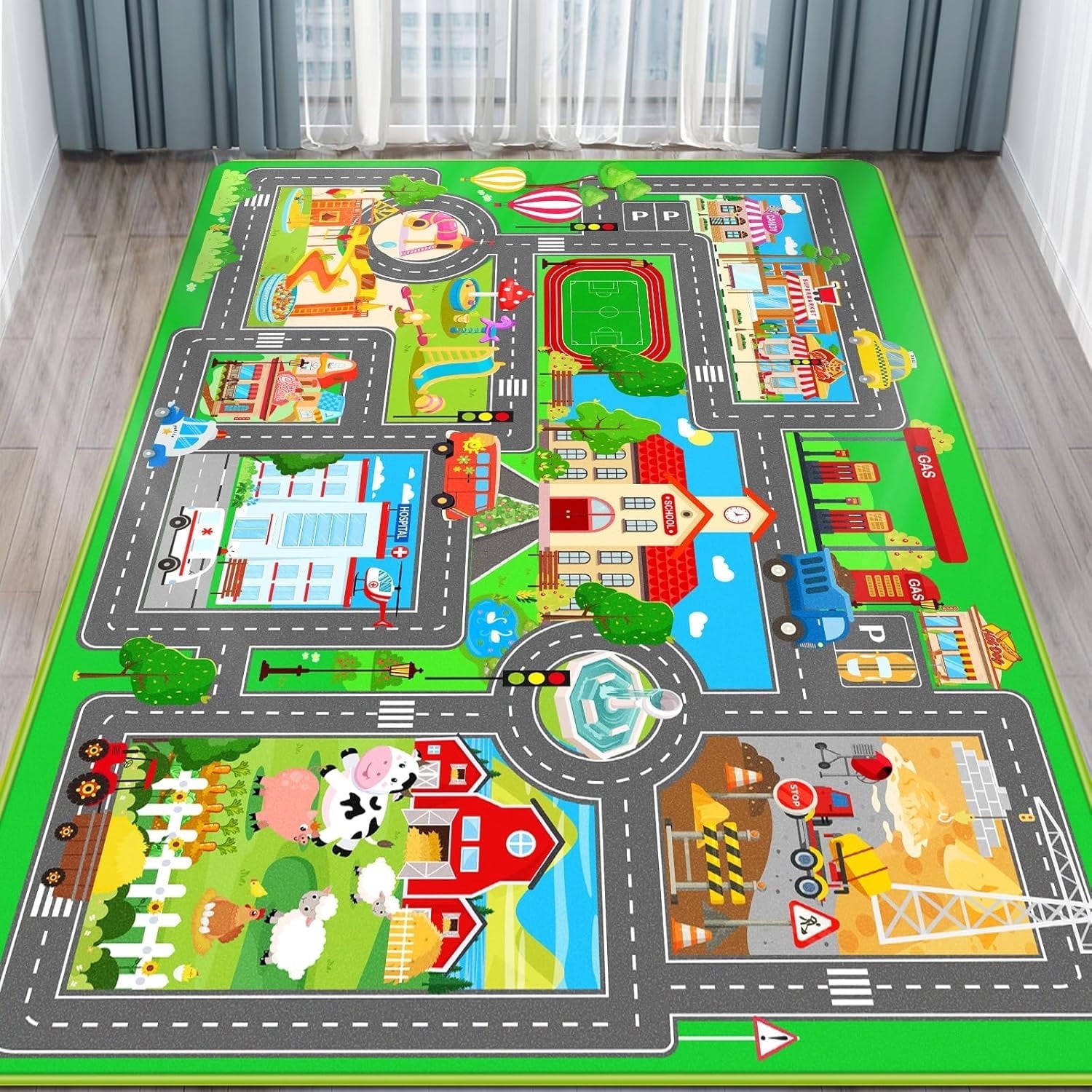 Kids Car Playmat, Kids Rug for Playroom Car Mat Town City Road Traffic Rugs, Play Mat for Floor, Extra Large Boys Kid Car Track Play Rug ( 78.7X 59 INCH)