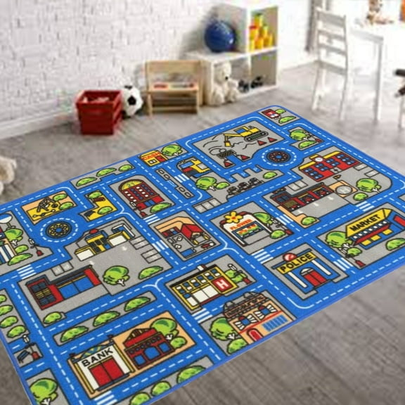 Kids Car Road Rugs City Map Play mat for Classroom/Baby Room Non-Slip Rubber Back
