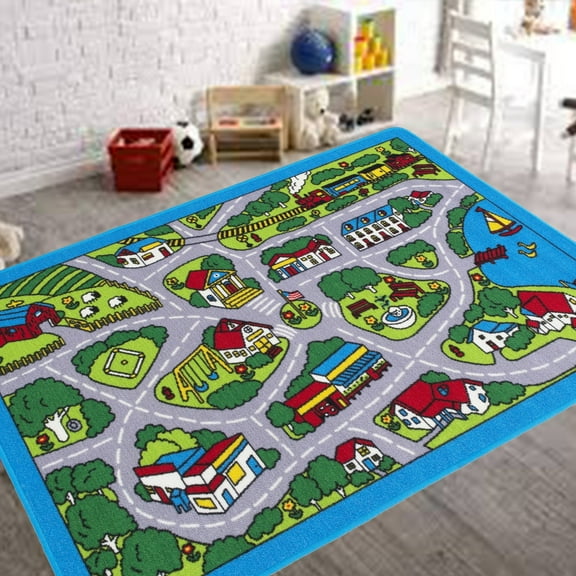 Kids Car Road Rugs City Map Play mat for Classroom/Baby Room Non-Slip Rubber Back