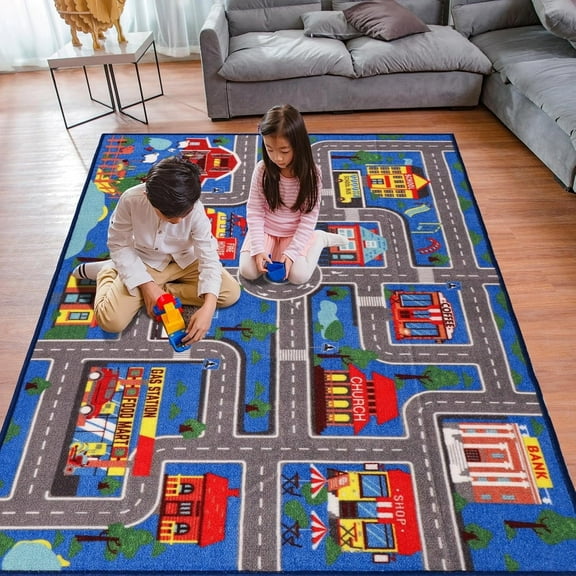 Kids Car Rug, City Map Playmat, 78.7"x59", Blue, Nylon Pile, Latex Backing, Non-Slip, Foldable, Machine Washable, Perfect for Playroom, Bedroom, Living Room