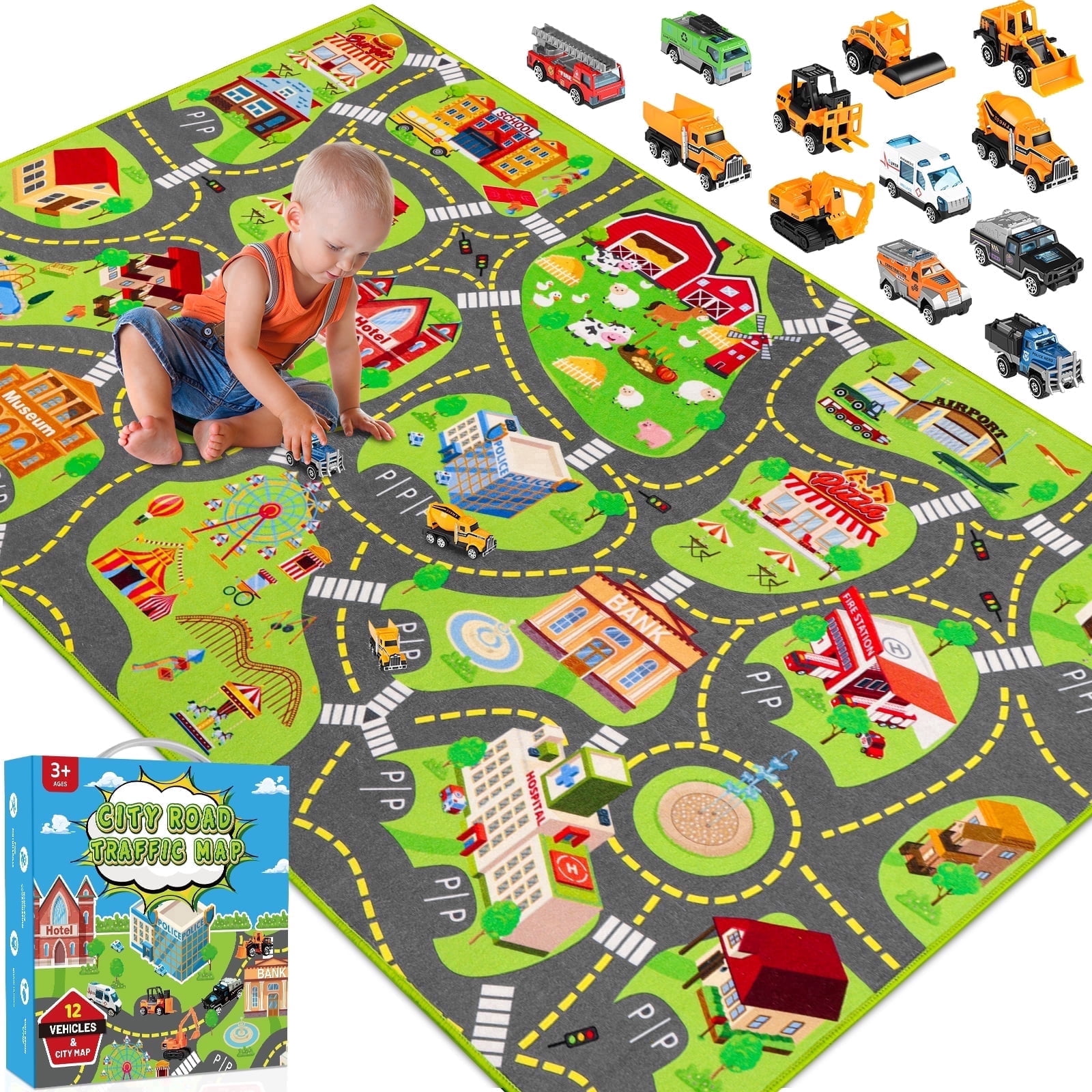 Kids City Map Play Mat 60"X36" with 12 Toy Vehicles - Car Rug for ...