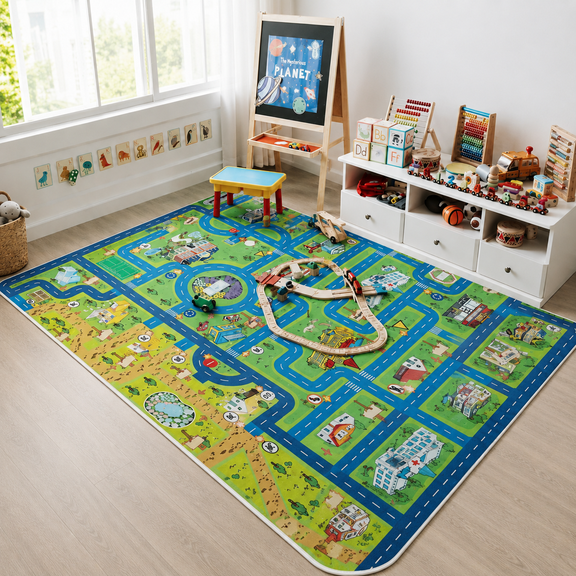 Kids Car Rug Play Mat, Road Traffic Town City Race Track Carpet, Non Slip Machine Washable Playmat for Toy Cars, Bedroom and Playroom