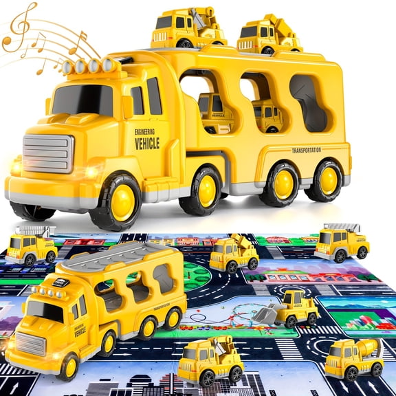 Kids Car Toys, 7 in 1 Construction Car Trucks Playset with Play Mat & Accessories, Birthday Gifts for Kids Boys Girls