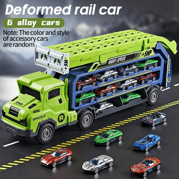 Kids Car Track Toys Carrier Transporter Truck Playset with 6 Alloy Race Cars, Folding Car Ramp Toys for Boys Ages 3+ Christmas Birthday Gifts(Green)
