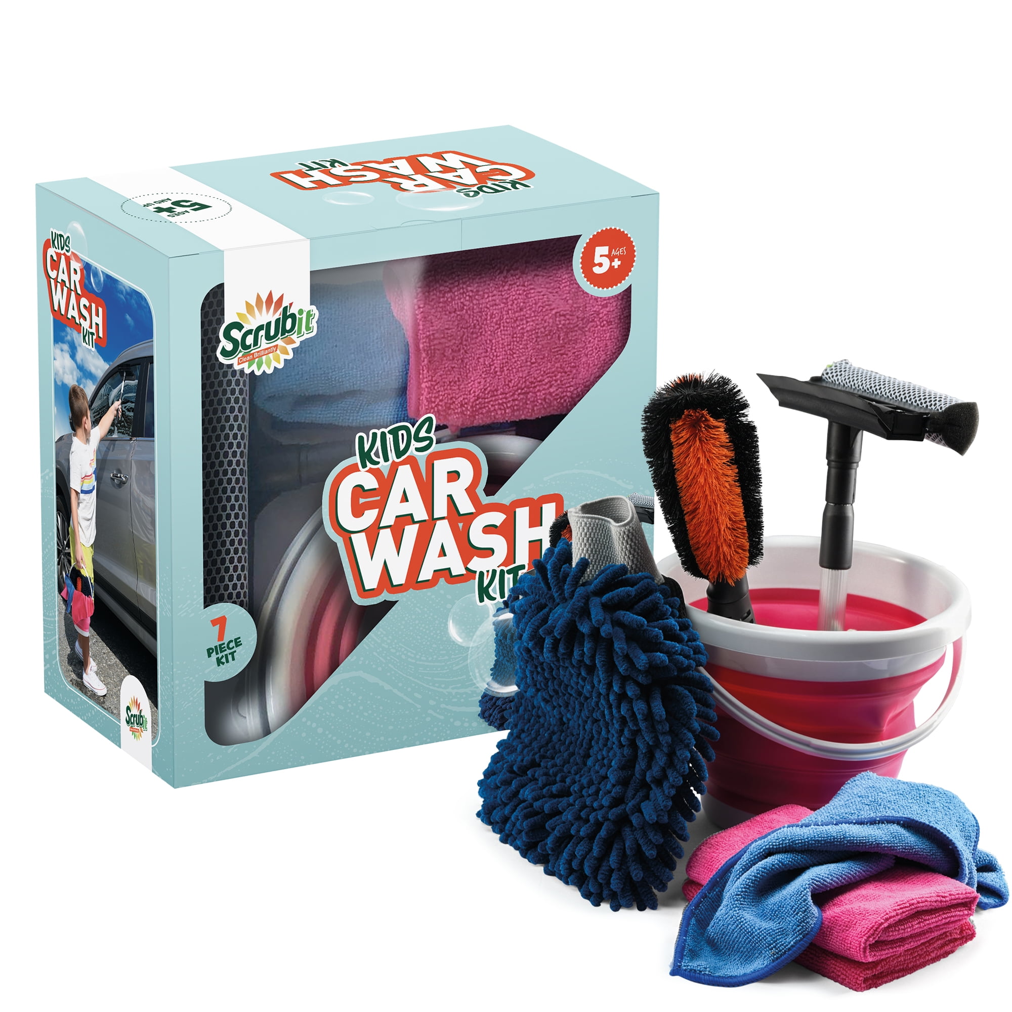 Kids Car Wash Activity Kit – 7 Kid-Sized Carwash Accessories Gifts for Boys  & Girls Ages 5 6 7 8-10 - Outdoor Fun Toys – Set Includes Bucket
