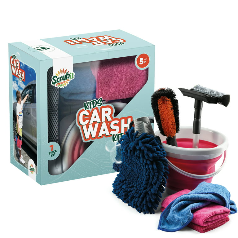 Scrubit Kids Car Wash Activity Kit 7 Unique Kid-Sized Carwash Accessories Gifts for Boys & Girls - Outdoor Family Fun Toys Set Includes Bucket, Squeegee