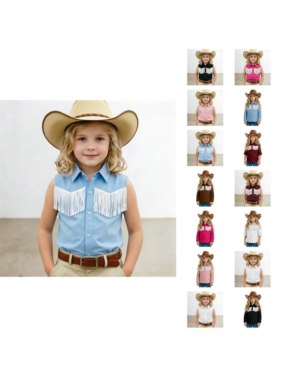 Kids Cardigan with Button Long Sleeve Collared Fringe Tee Western Cowgirl Tops 5-14 Years