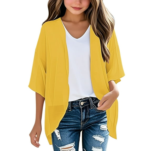 Kids' Cardigans Girls' Plain Chiffon Cardigan 3/4 Sleeve Lightweight Kimono Cover-Up Soft Layering Piece for School Outfits UK Childrens Sheer Shrug Tunic Tops