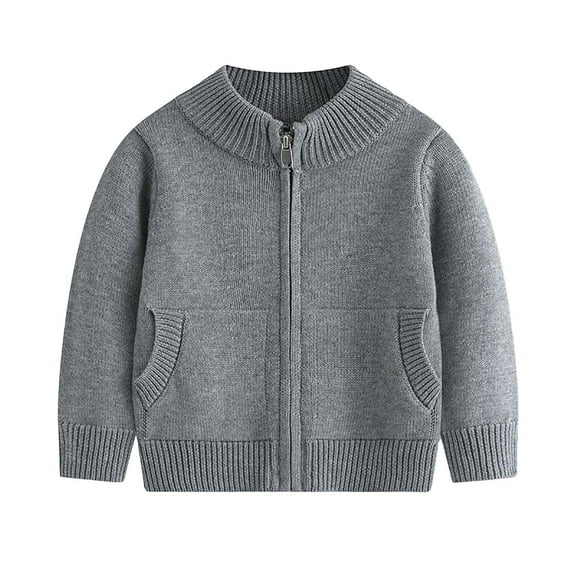 Kids Cardigans Sweater Full Zip Crew Neck Cotton School Uniforms Solid Long Sleeve Knit Sweaters with Pockets (6-7T, Gray)
