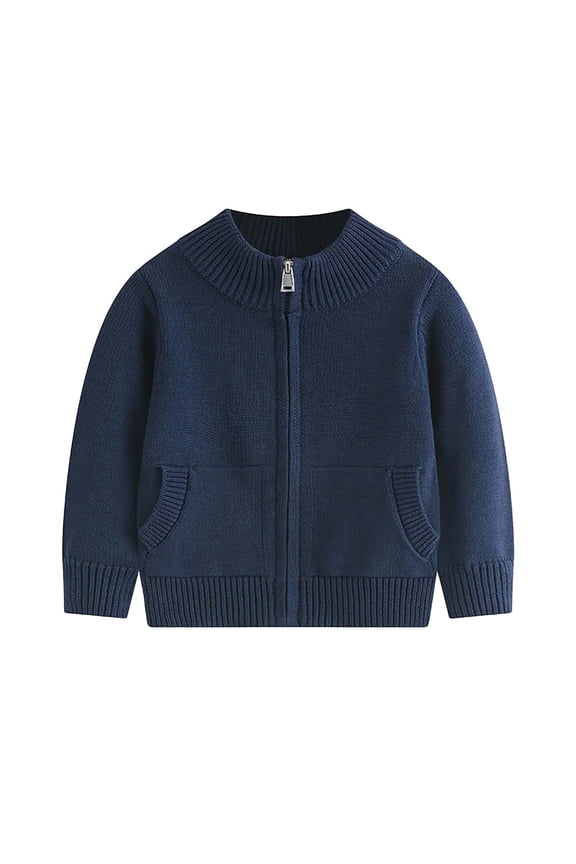 Kids Cardigans Sweater Full Zip Crewneck Cotton School Uniforms Solid Long Sleeve Knit Sweaters with Pockets (3-4T, Navy)
