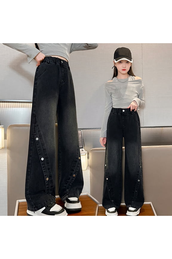 Kids Cargo Denim Jeans Straight Wide Leg Baggy Pants for Girls Boys Casual Washed Black Trousers Hiphop,Black 120