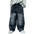 thumbnail image 1 of Kids Cargo Denim Jeans Straight Wide Leg Baggy Pants with Multipockets for Boys Elasticated Waist Casual Washed Trousers, 1 of 7