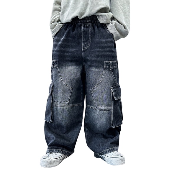 Kids Cargo Denim Jeans Straight Wide Leg Baggy Pants with Multipockets for Boys Elasticated Waist Casual Washed Trousers