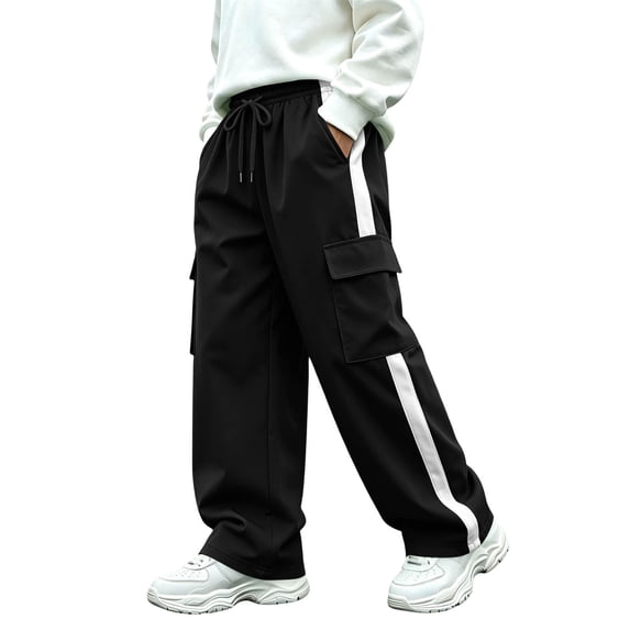 Kids Cargo Pants Boys Casual Side Stripe Wide Leg Elastic Waist Drawstring Trousers with Multi Pockets for Daily Outdoor